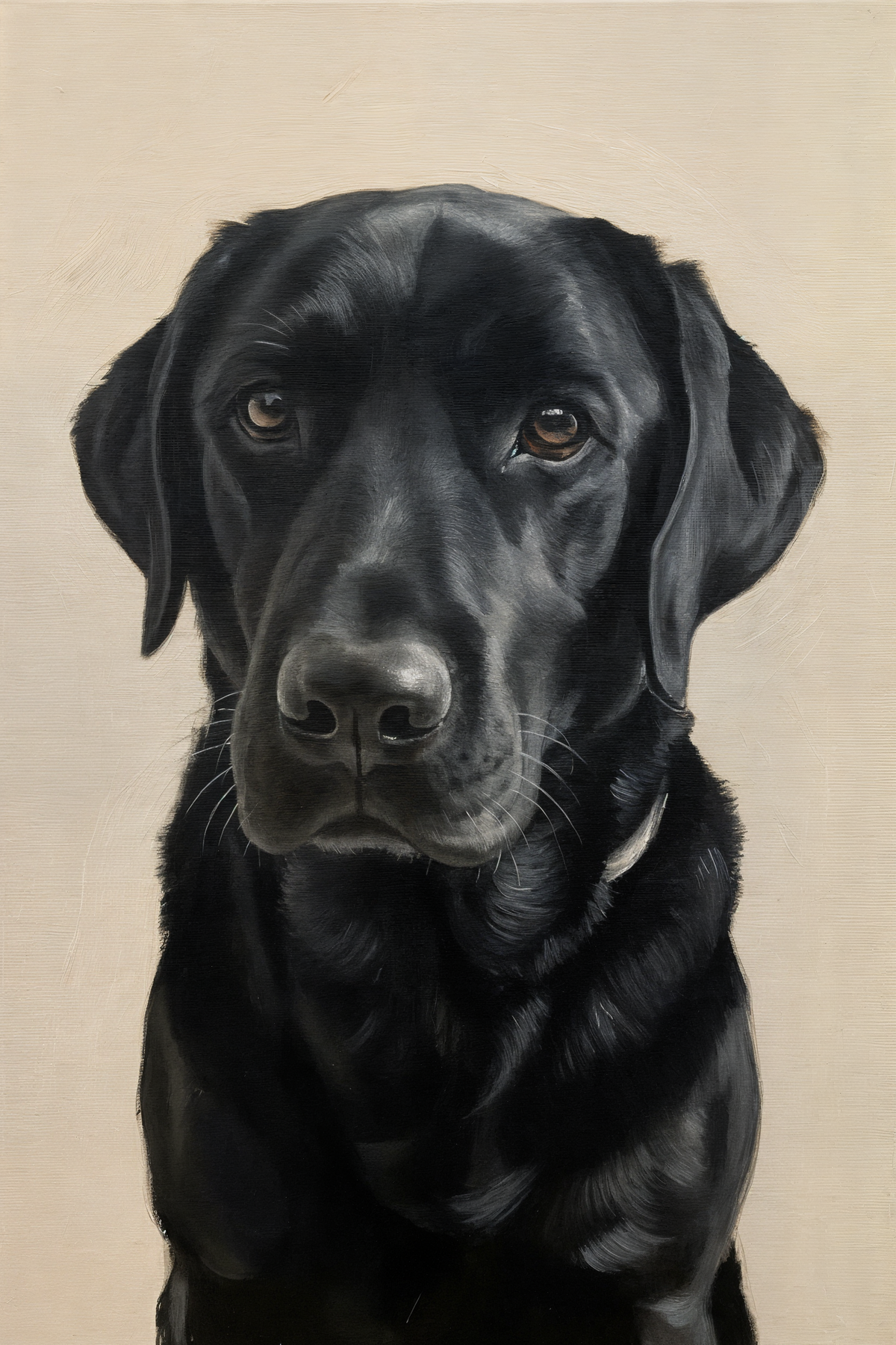 The same black Labrador as a soft painted portrait in warm light on a pale background