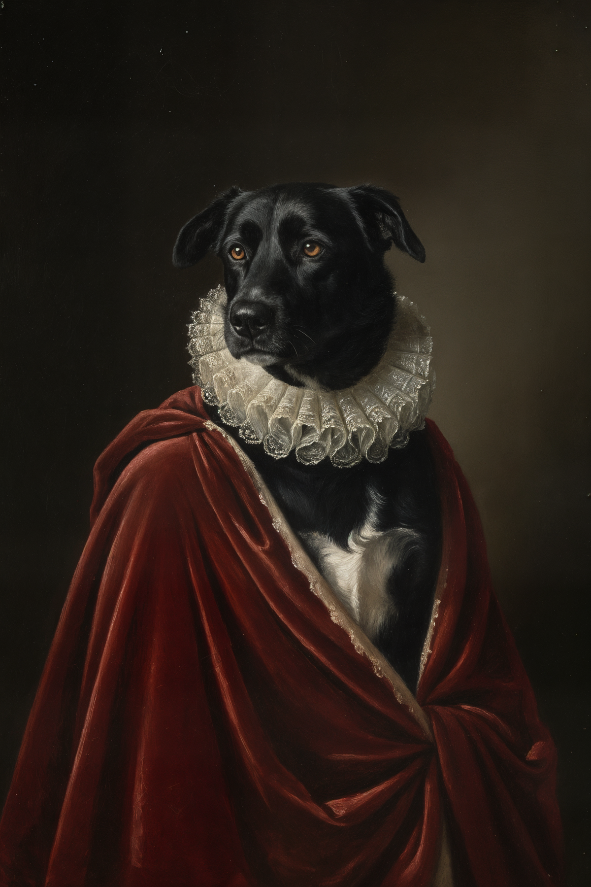 The same black and white dog painted as a renaissance portrait in a red velvet cloak with a lace ruff