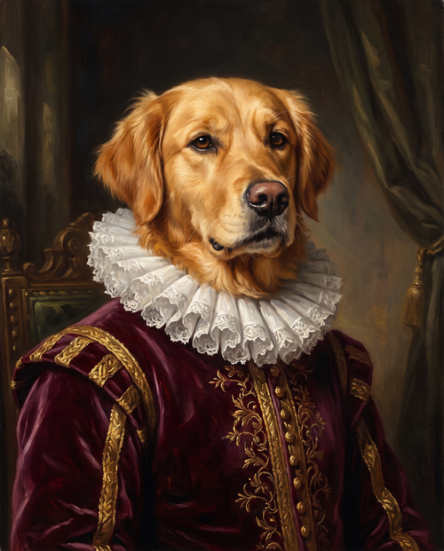 A golden retriever painted as a renaissance portrait in a red velvet robe with a lace ruff