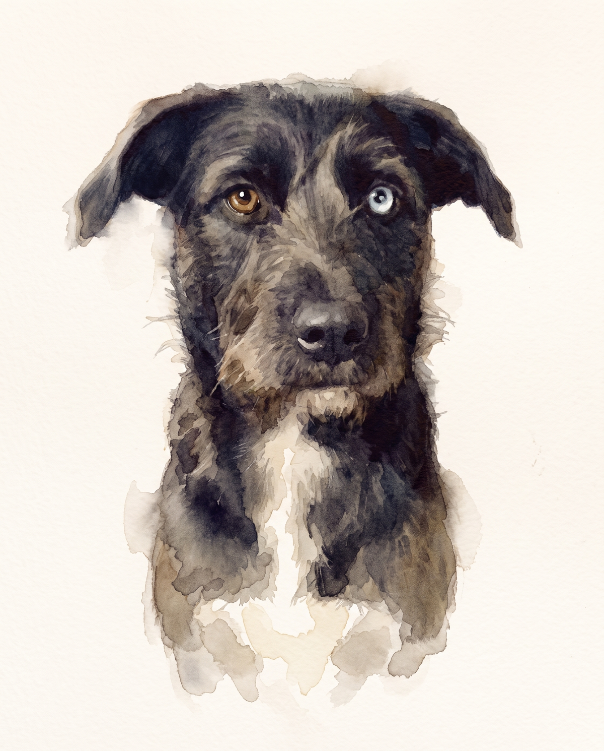A dog painted in soft watercolour on warm paper, loose brushwork