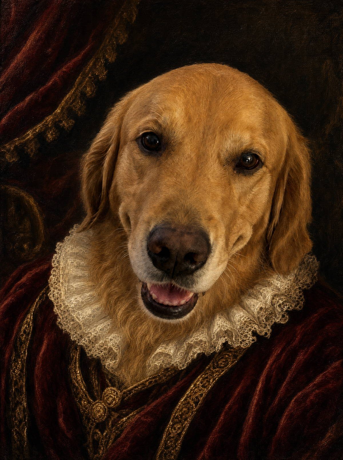 The same golden retriever painted as a renaissance portrait in a red robe with a lace ruff